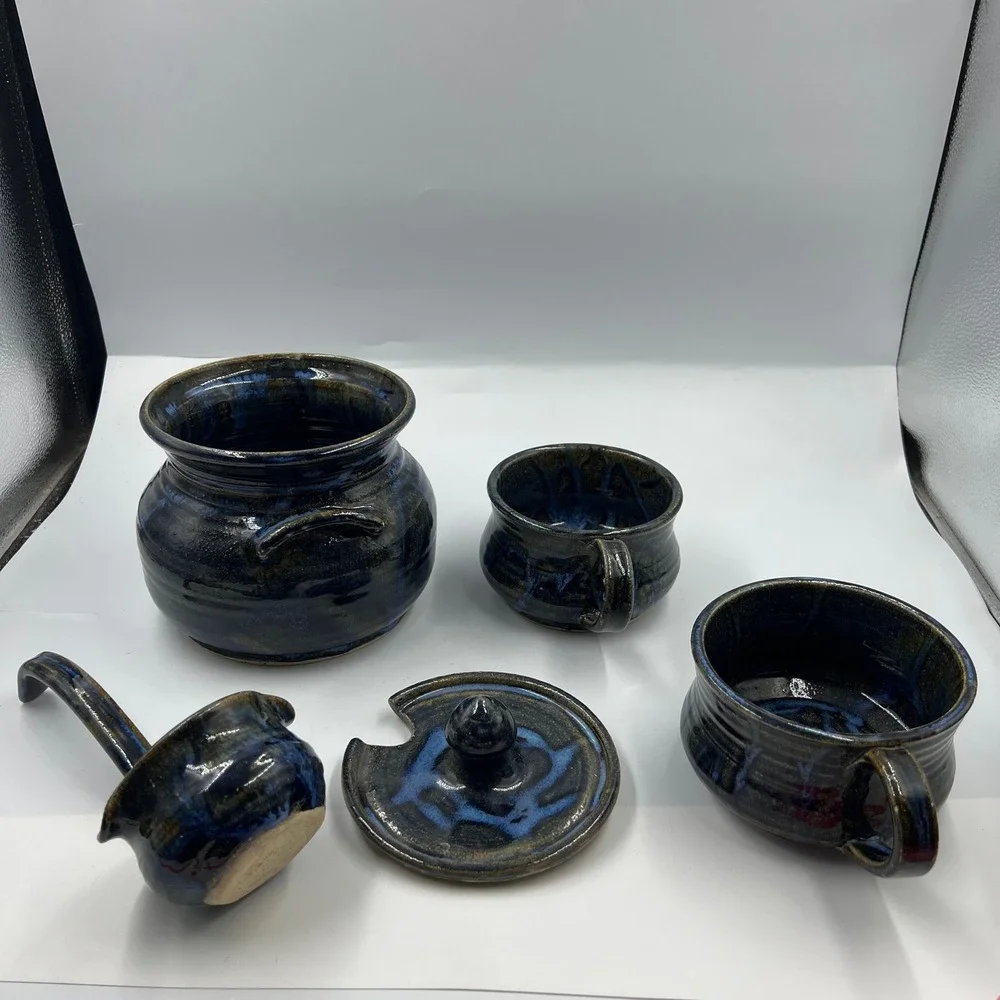 Vintage Signed Studio Pottery Soup Pot with Lid Ladle and 2‎ Bowls Blue Glaze